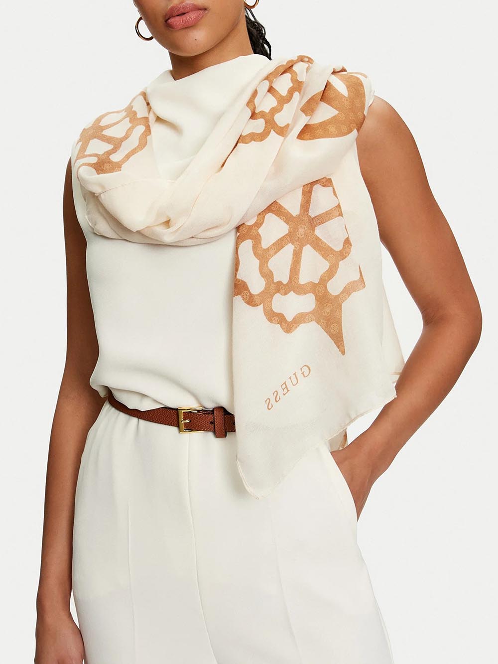 Guess Foulard Donna Aw5133 Pol03 Sestri Logo Maxi Peony Panna